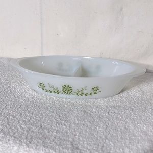 Vintage Glasbake Milk Glass Green Daisy Flower Split Oval Casserole Dish